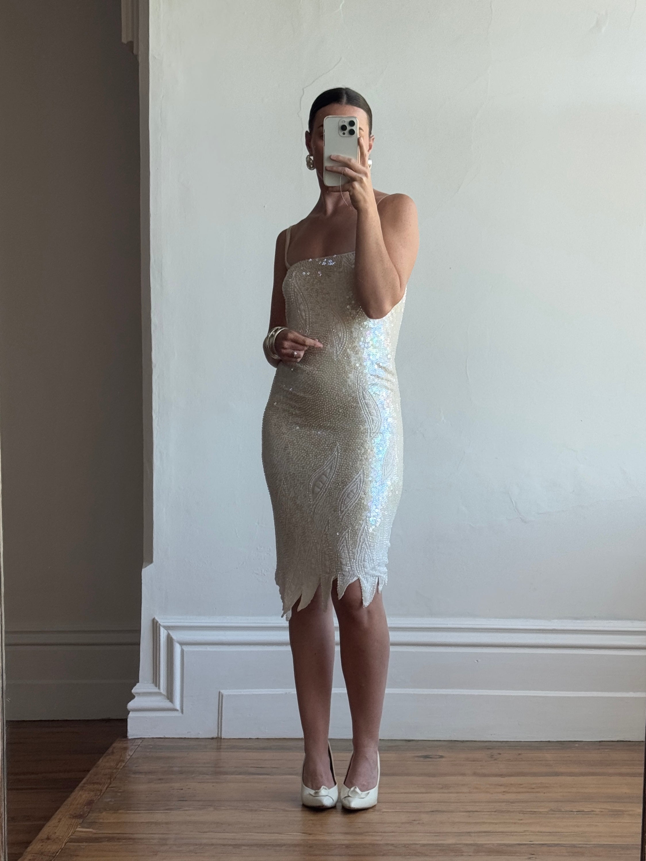 Vintage 90s Pure Silk Sequin Party Dress Creme