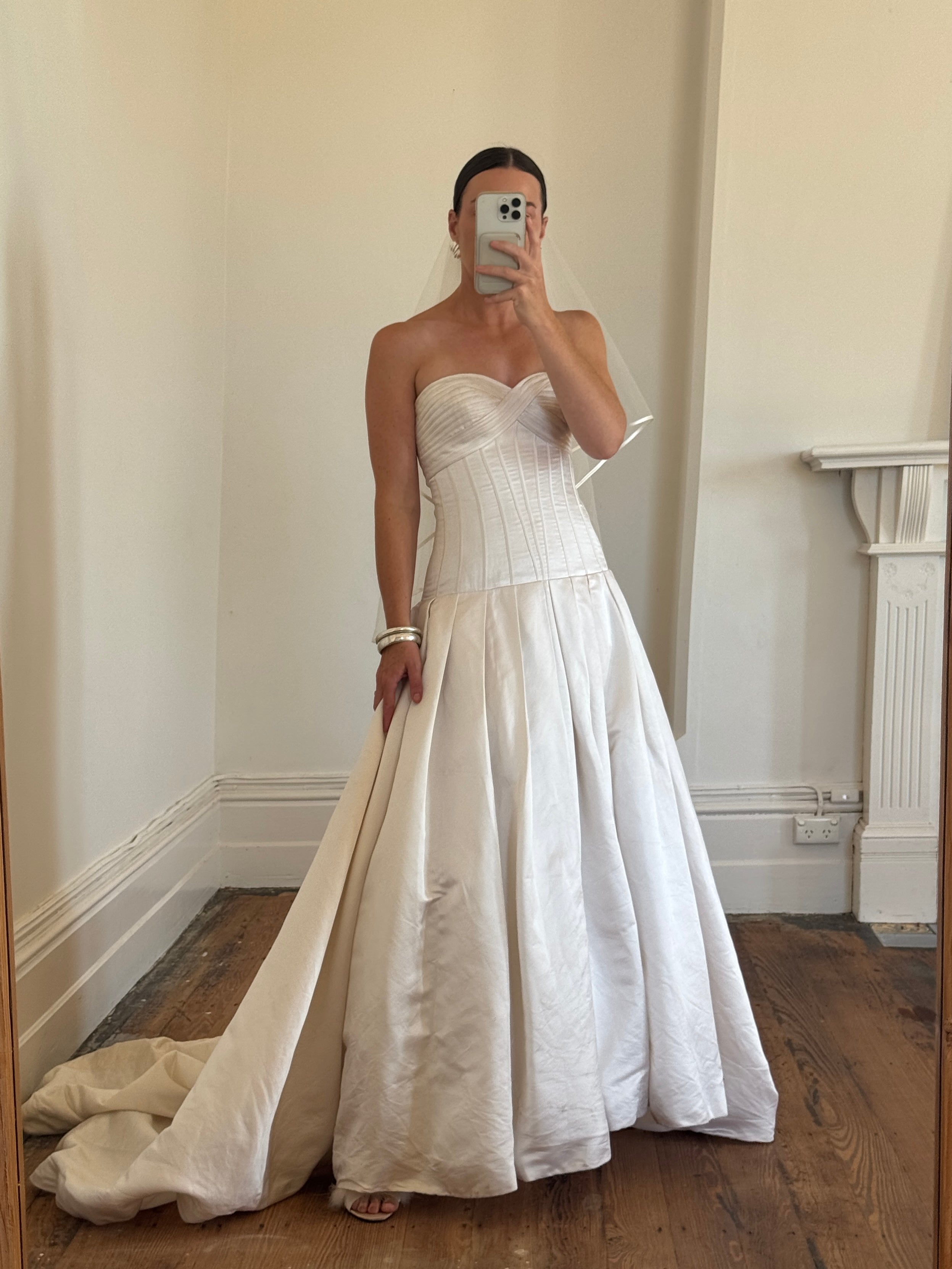 Vintage Y2K Pure Silk Drop Waist Satin Strapless Wedding Gown