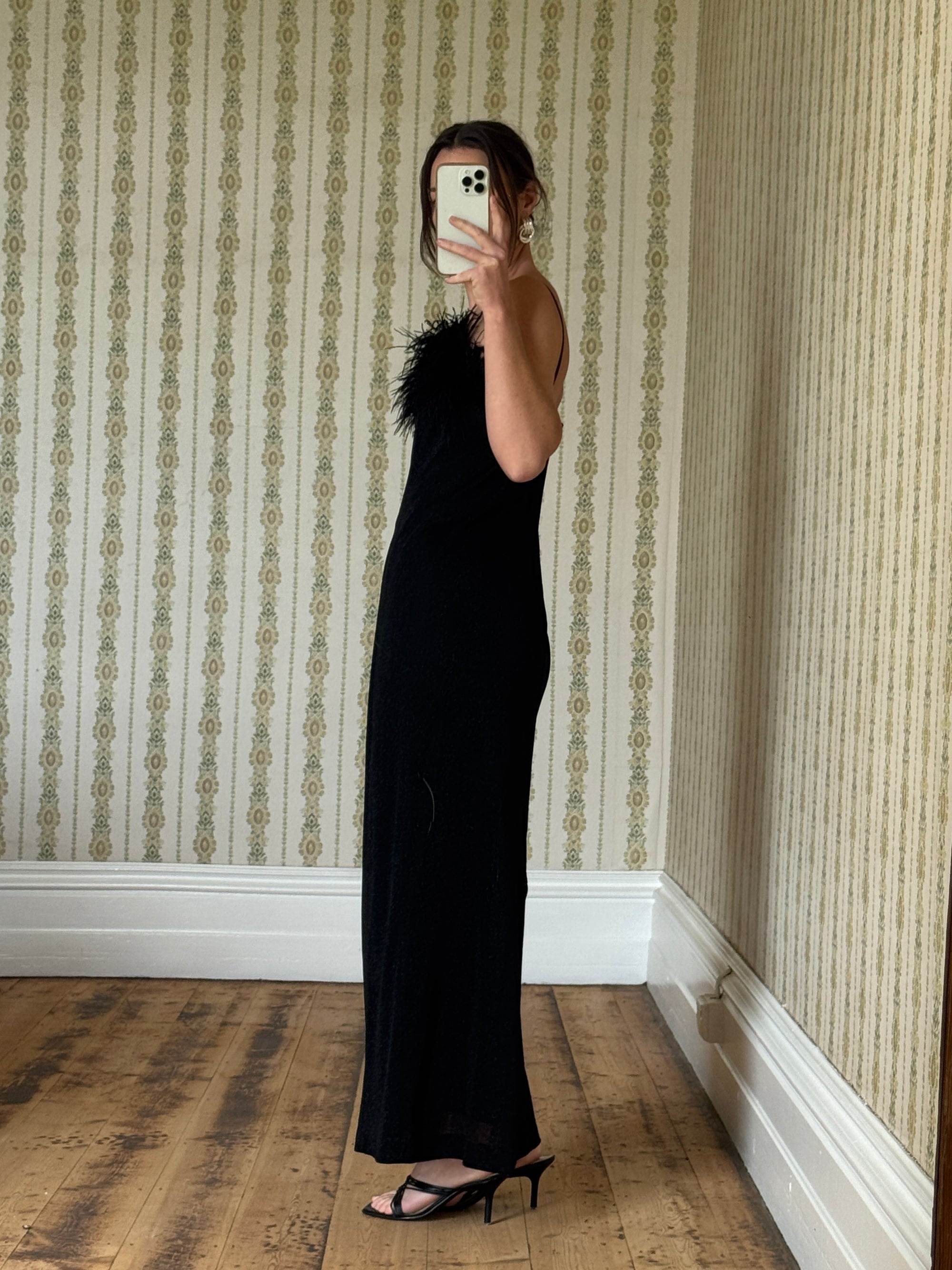 Vintage 90s Lurex Ostrich Feather Dress Noir