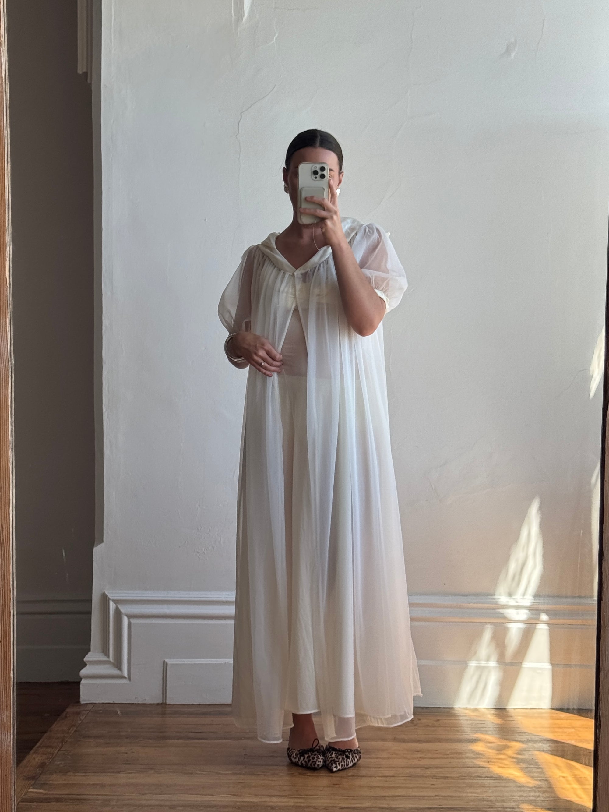 Vintage 50s Chiffon Bow Peignoir Slip Set Creme