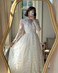 Vintage 80s Prarie Long Sleeved Wedding Dress with Floral Embroidery
