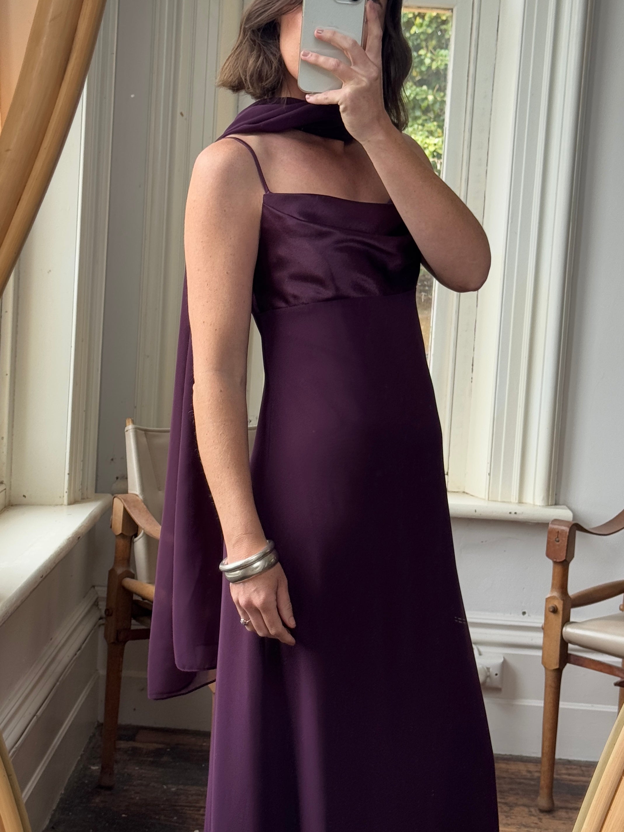 Vintage 90s Aubergine Cowl Neck Dress With Scarf