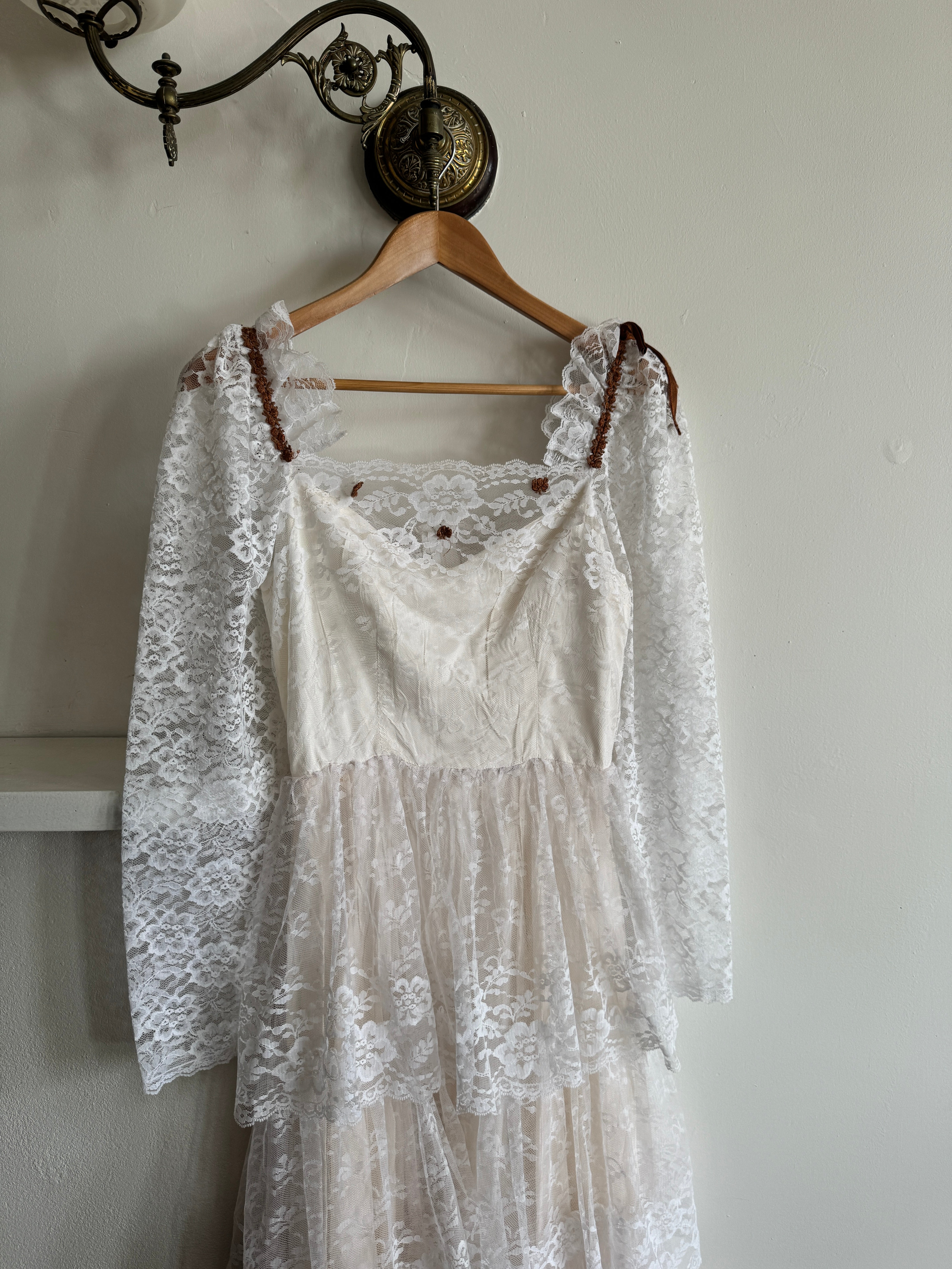 Vintage 70s Tiered Lace Wedding Dress with Brown Floral Embroidery