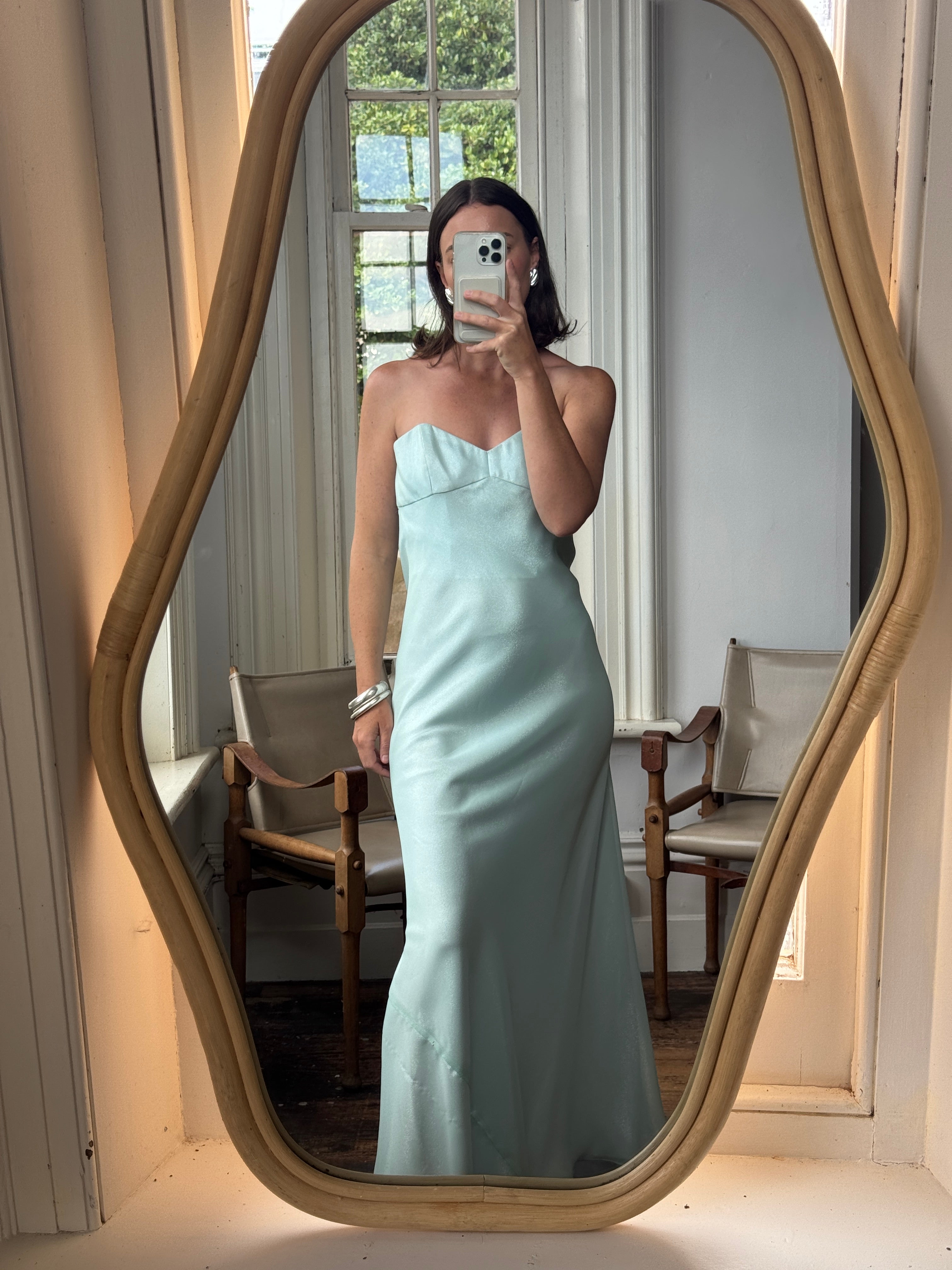 Vintage 90s Aqua Shimmer Strapless Gown