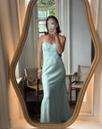 Vintage 90s Aqua Shimmer Strapless Gown