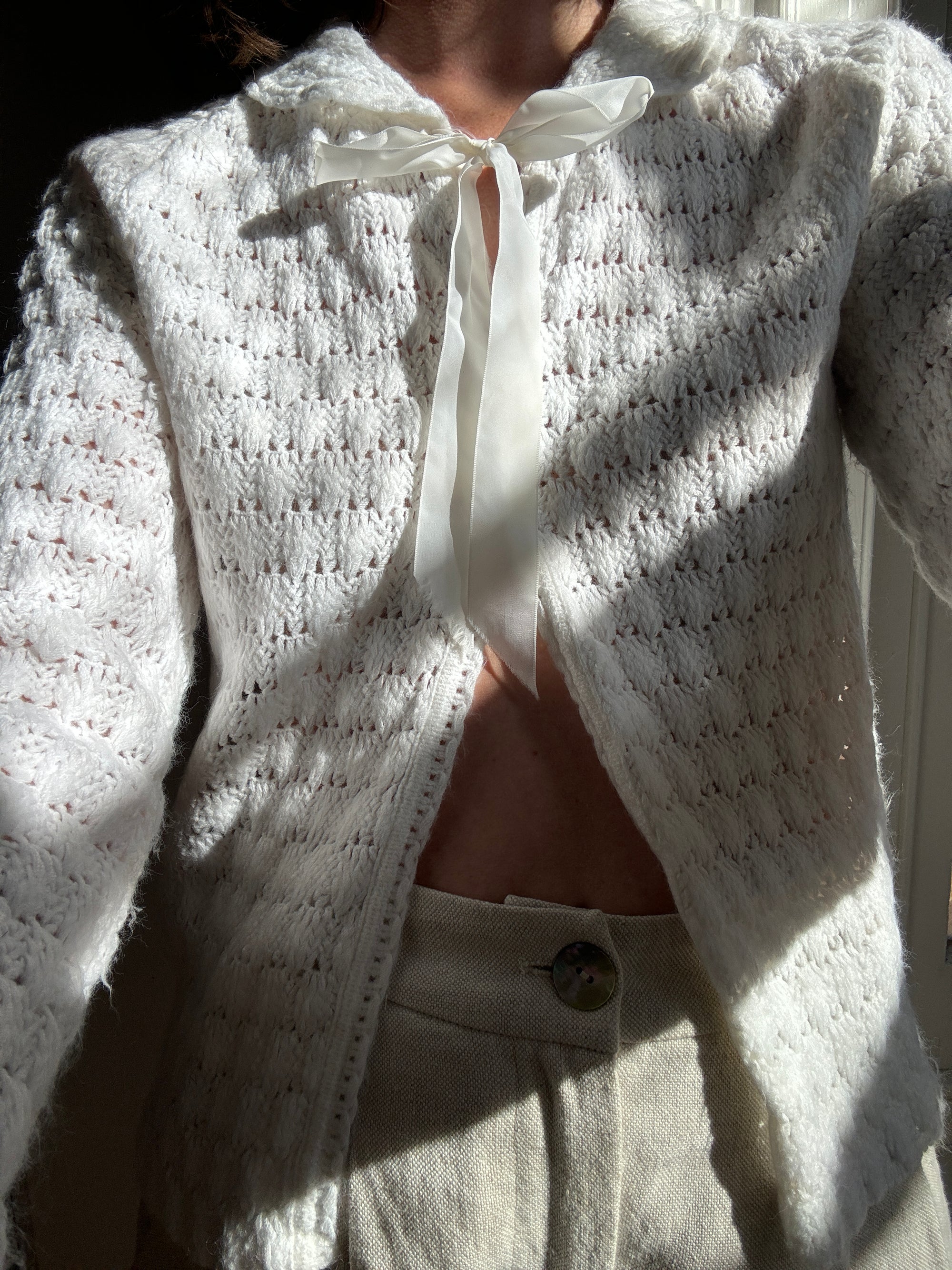Vintage Knit Tie Up Cardi White