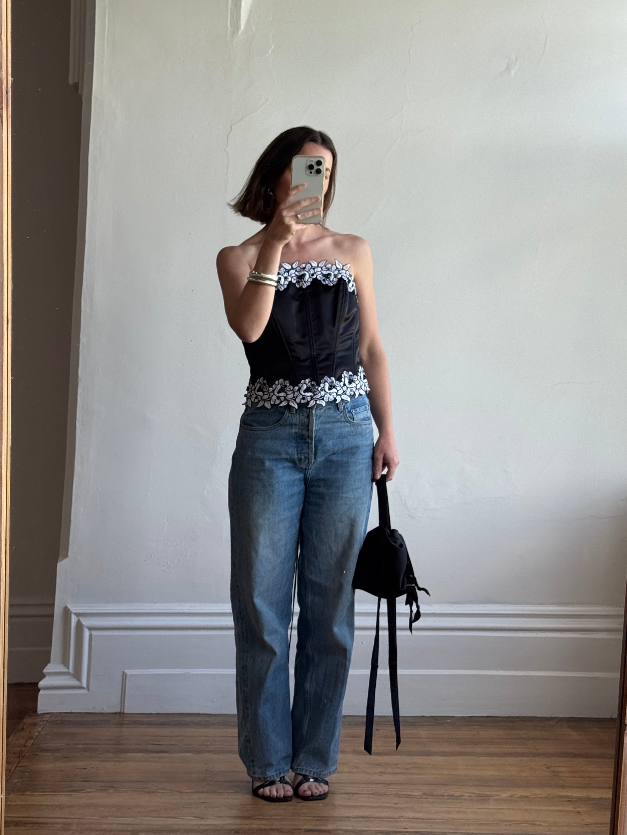Vintage 90s Black Lace Up Corset with Contrast Flowers