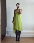 Vintage Y2K Chartreuse Strapless Pure Silk Brooch Dress