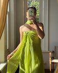 Vintage Y2K Chartreuse Strapless Pure Silk Brooch Dress