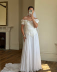 Vintage 80s 3D Floral Off Shoulder Bridal Gown and Veil