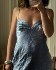Vintage 90s Blue Crinkle Bias Slip Dress