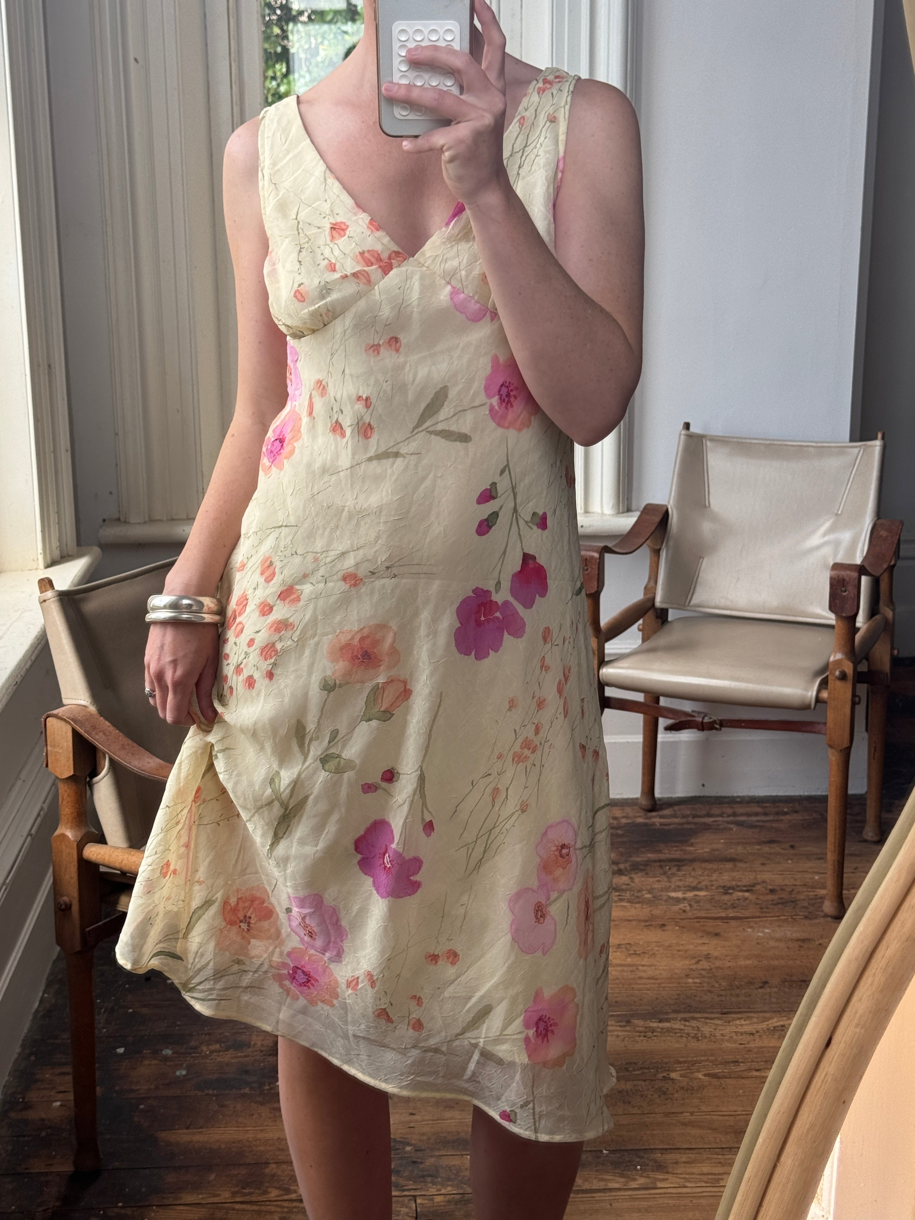 Vintage 90s Butter Yellow Floral Crinkle Sundress
