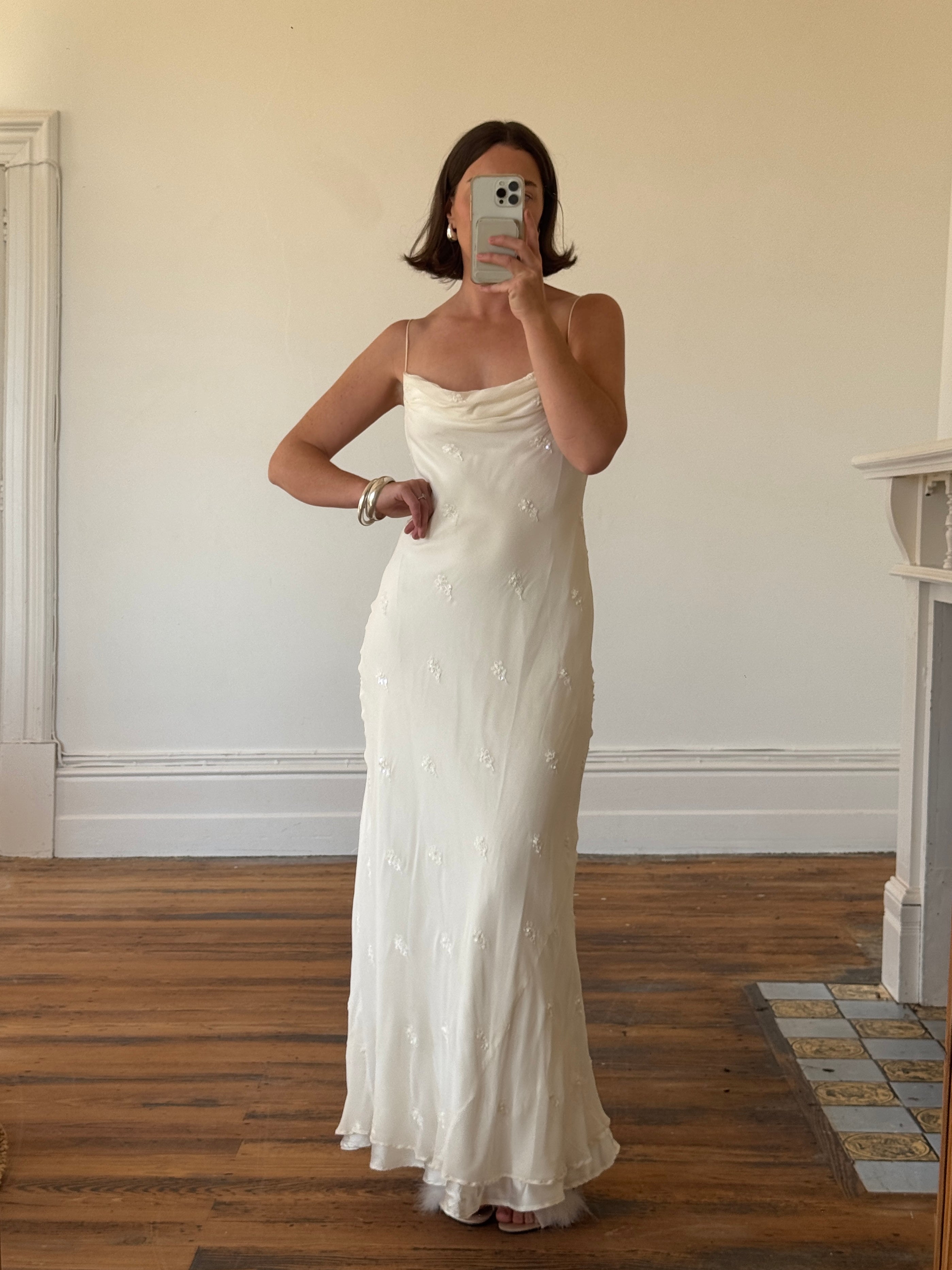 Vintage 90s Pure Silk Bias Cut Slip Embroidered Wedding Dress