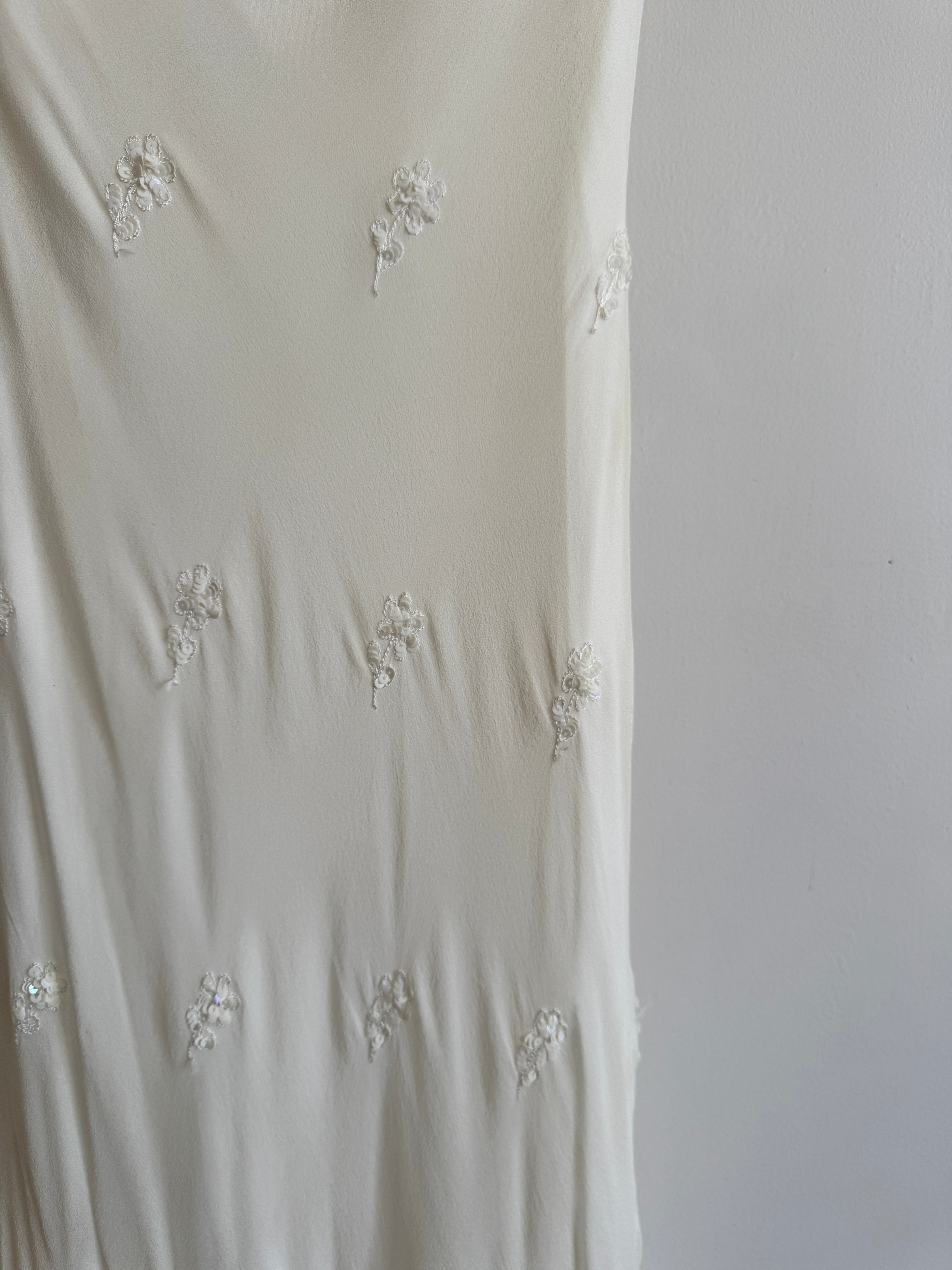 Vintage 90s Pure Silk Bias Cut Slip Embroidered Wedding Dress