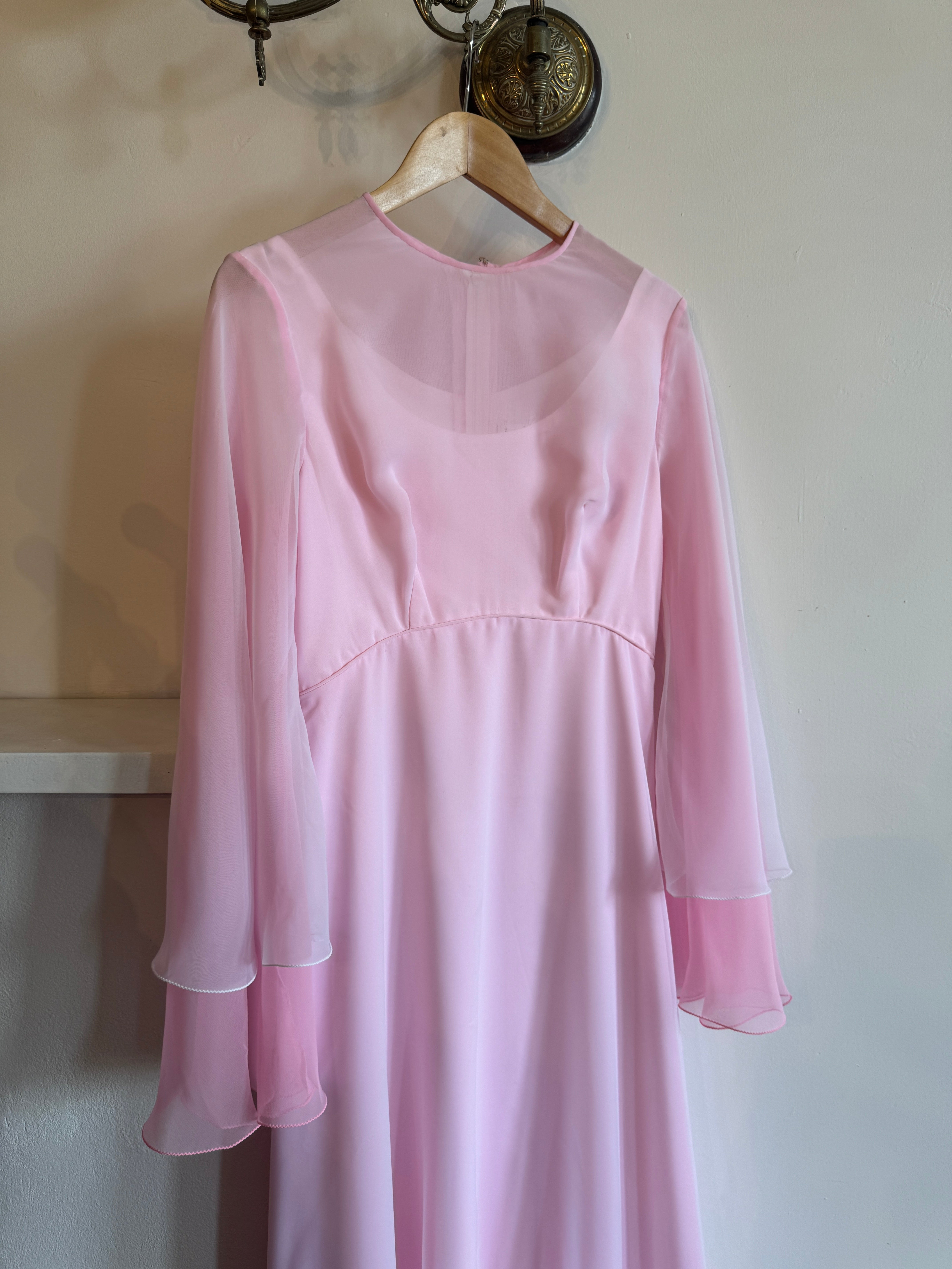 Vintage 70s Pink Tiered Waterfall Gown