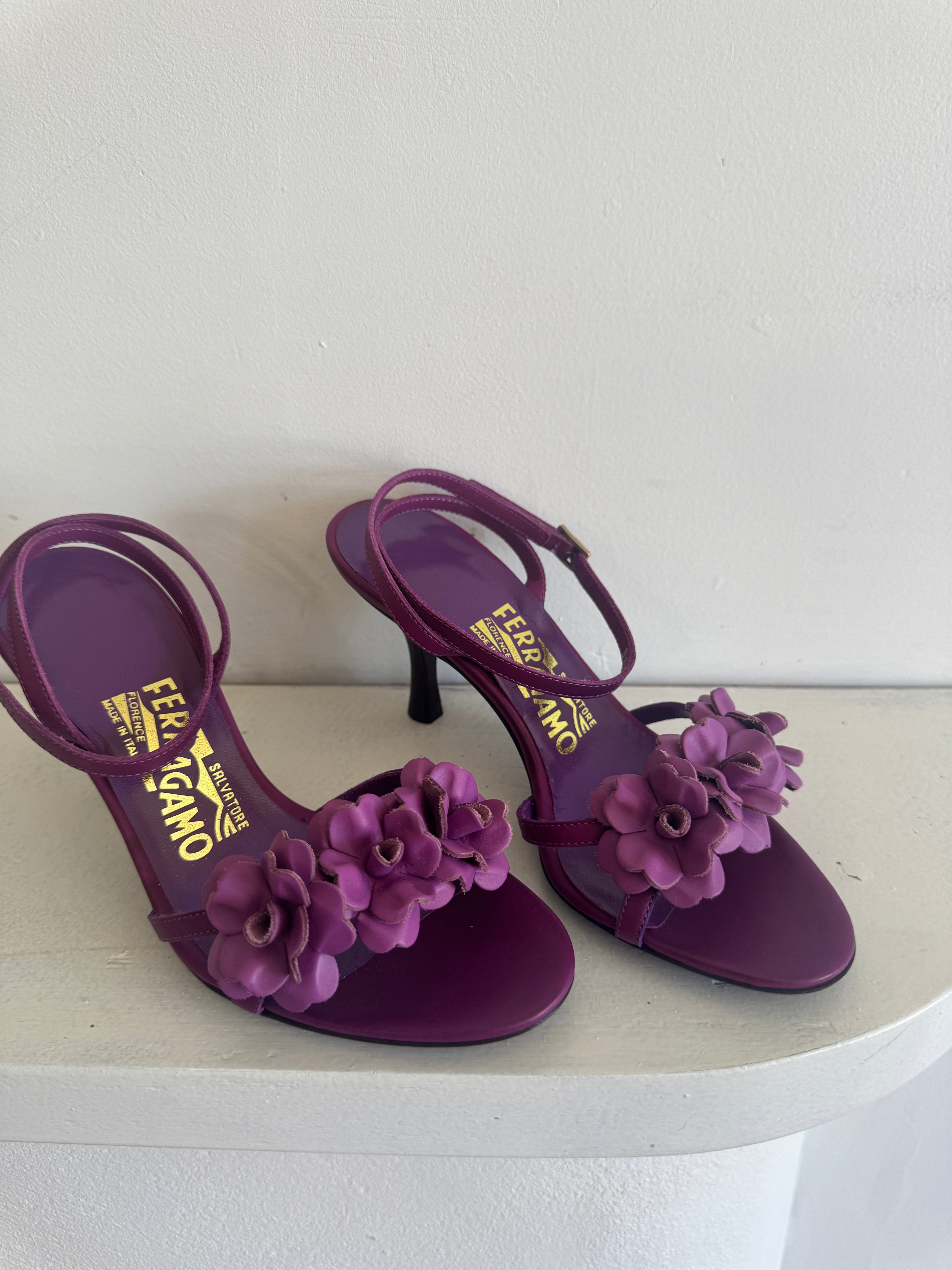 Vintage 90s Ferragamo Strappy Flower Heels Grape