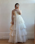 Vintage 70s Tiered Lace and Tulle Long Sleeved Wedding Gown
