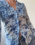 Vintage 90s Ruffle Stretch Button Up Blue Tapestry Floral