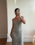 Vintage 90s Badgley Mischka Silver Pure Silk Embellished Gown