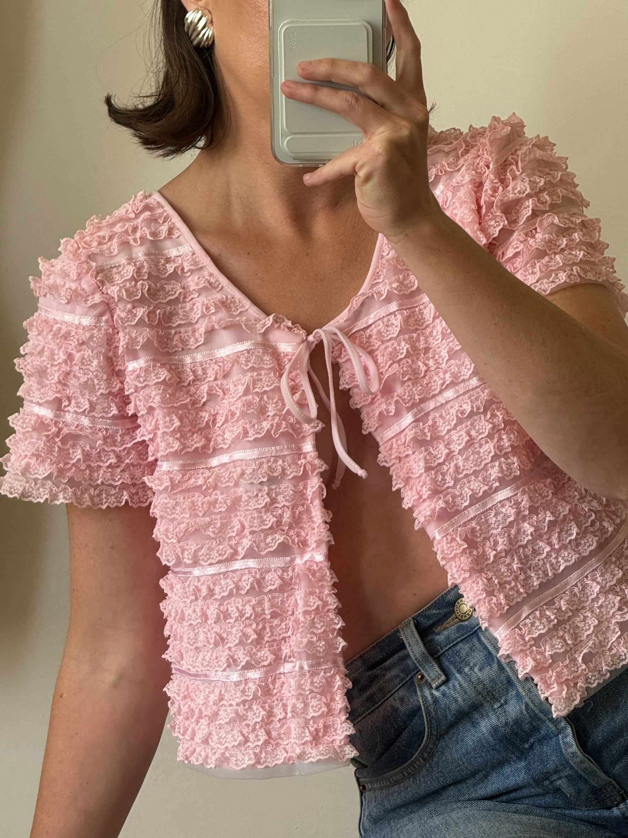 Vintage 50s Cotton Candy Pink Frilled Tie Top