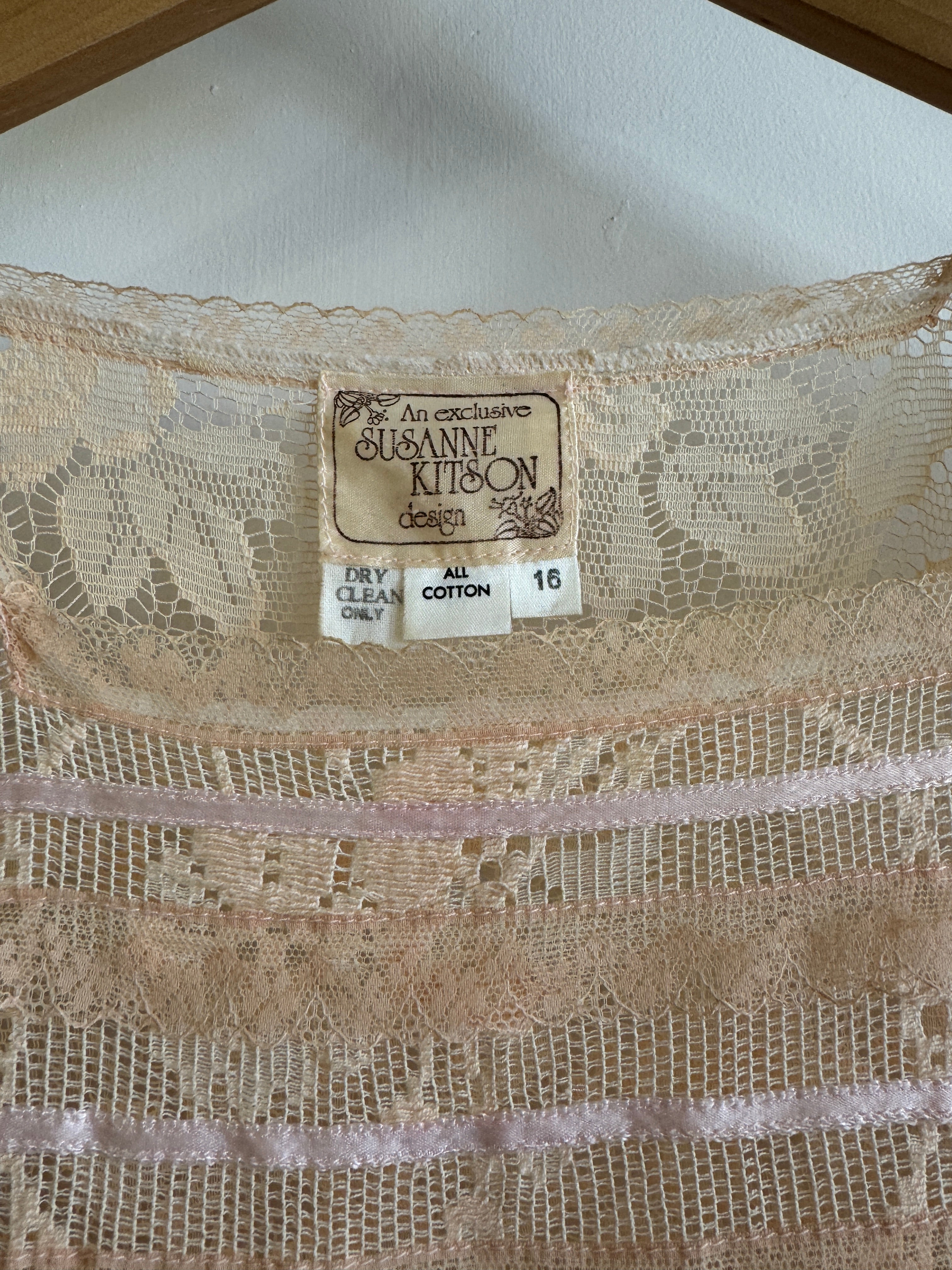 Vintage 70s Peach Cotton Lace Drop Waist Dress