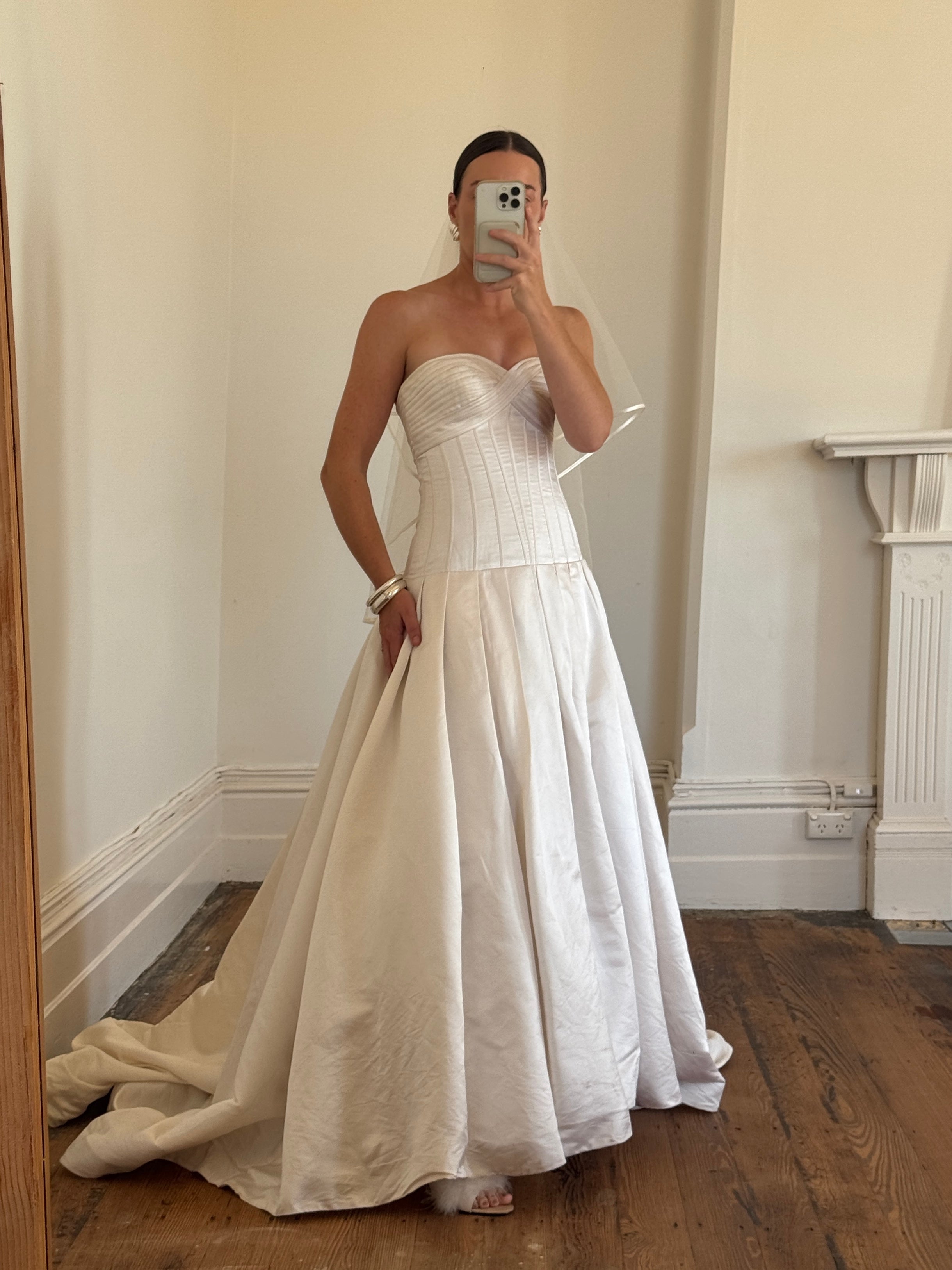 Vintage Y2K Pure Silk Drop Waist Satin Strapless Wedding Gown