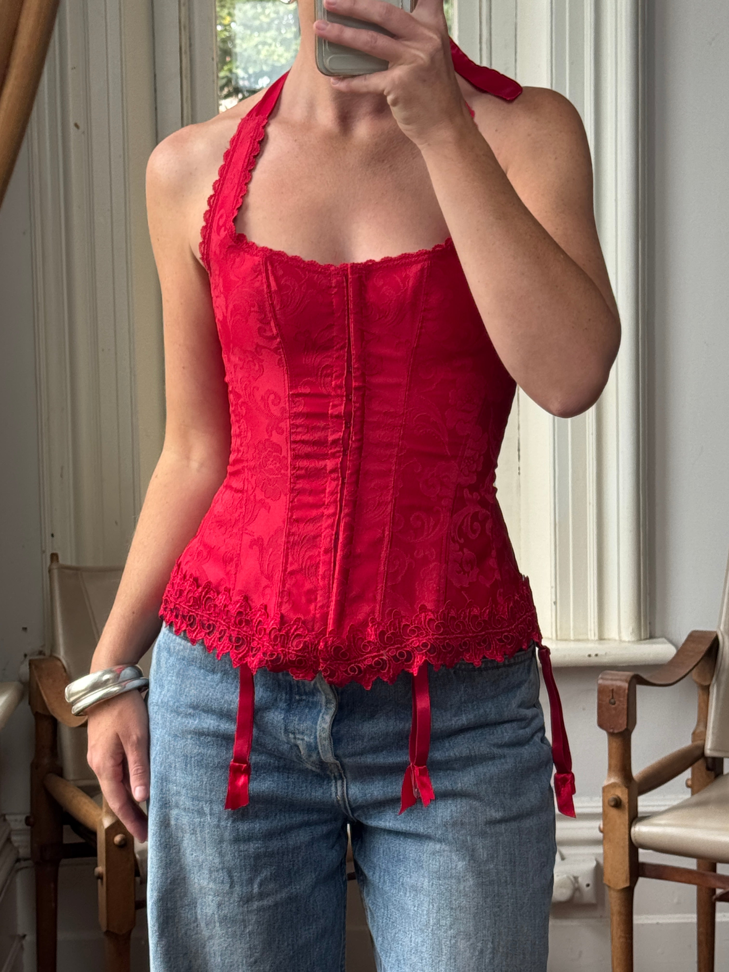 Vintage Y2K Halter Lace Up Corset Red