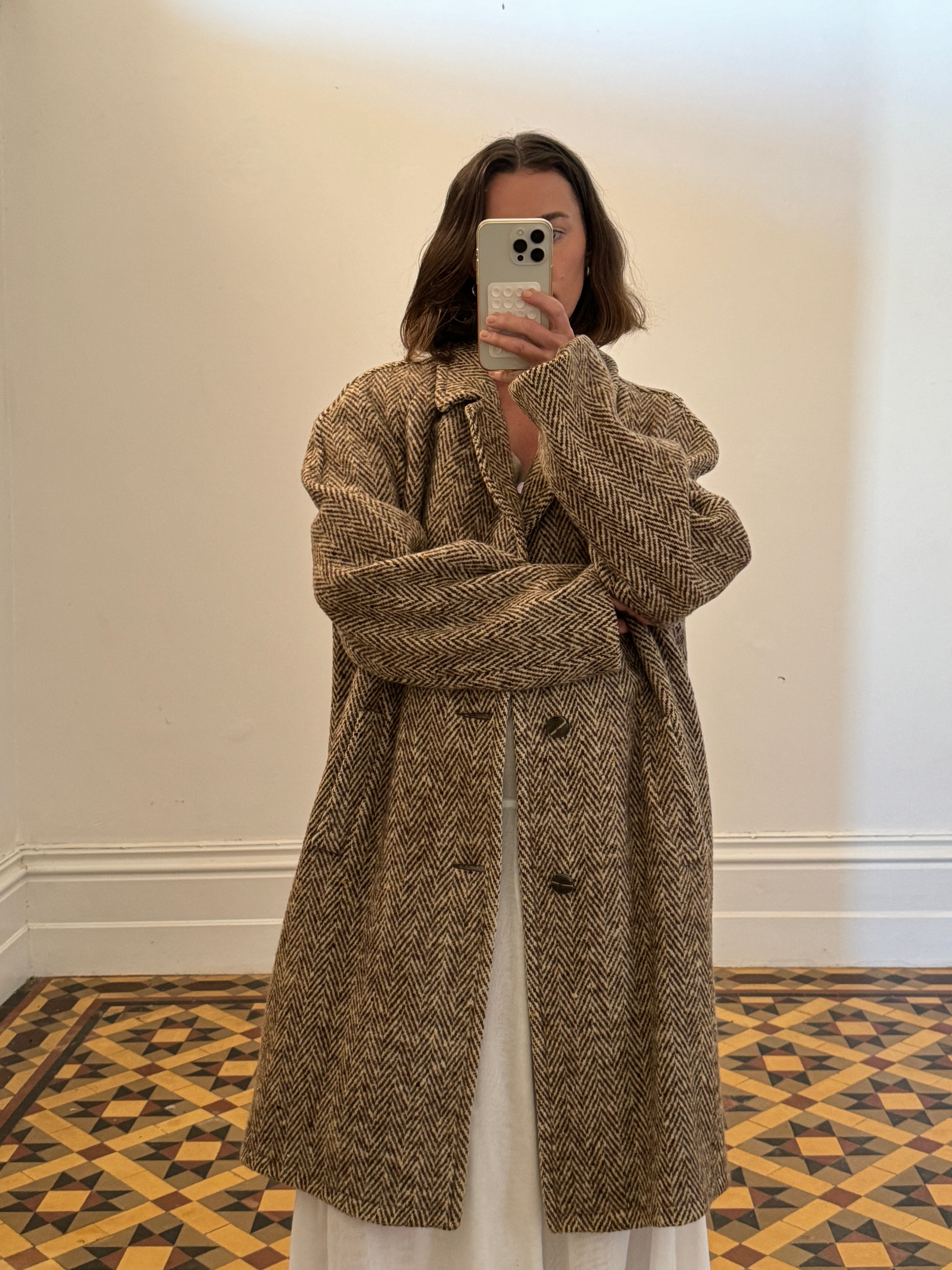 Vintage Brown Herringbone Wool Coat