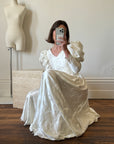 Vintage 80s Puff Sleeve Vine Satin Wedding Gown