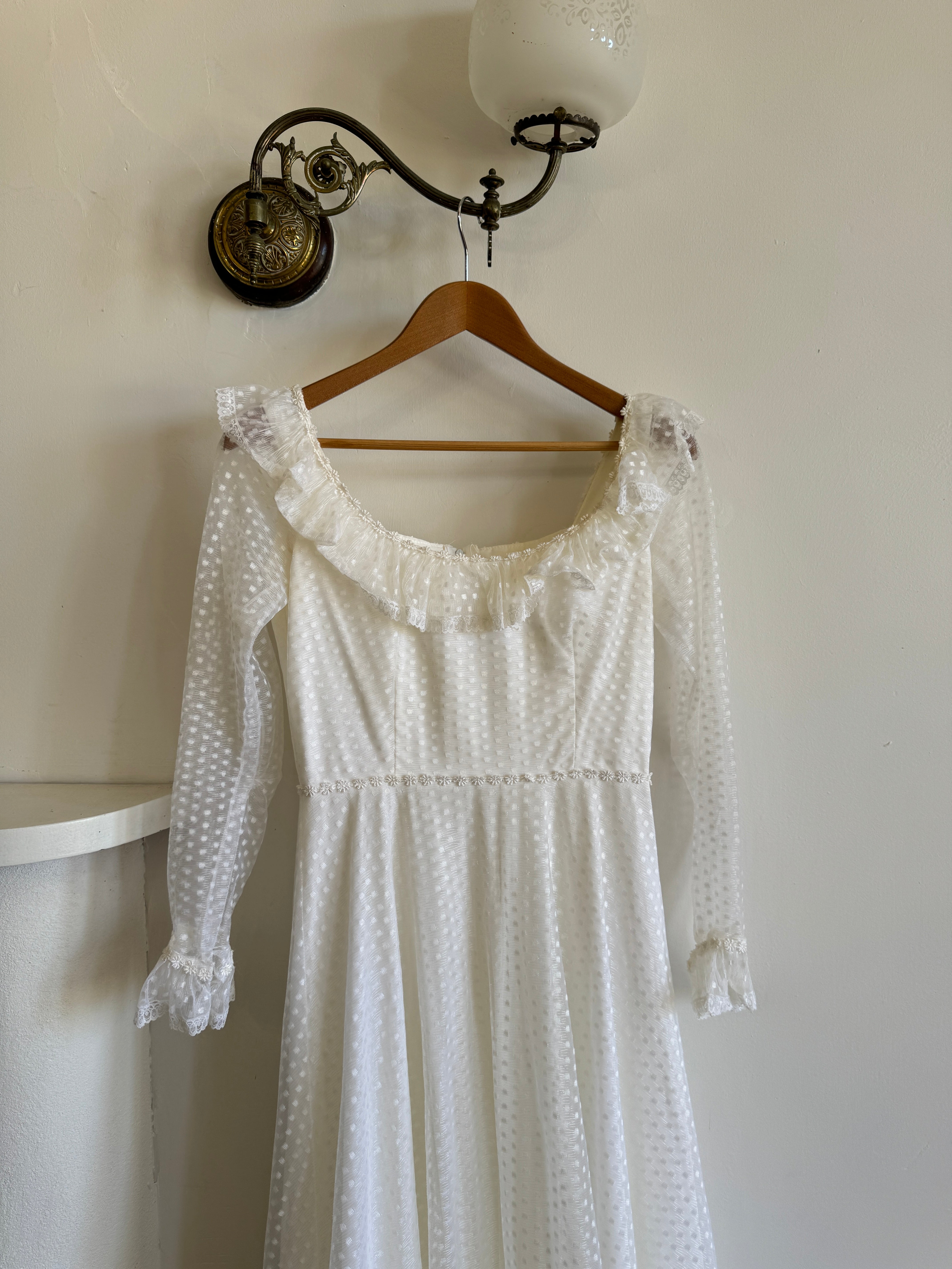 Vintage 70s Polka Scoop Neck Wedding Dress
