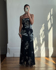 Vintage 90s Embroidered Net Strapless Dress Noir and White
