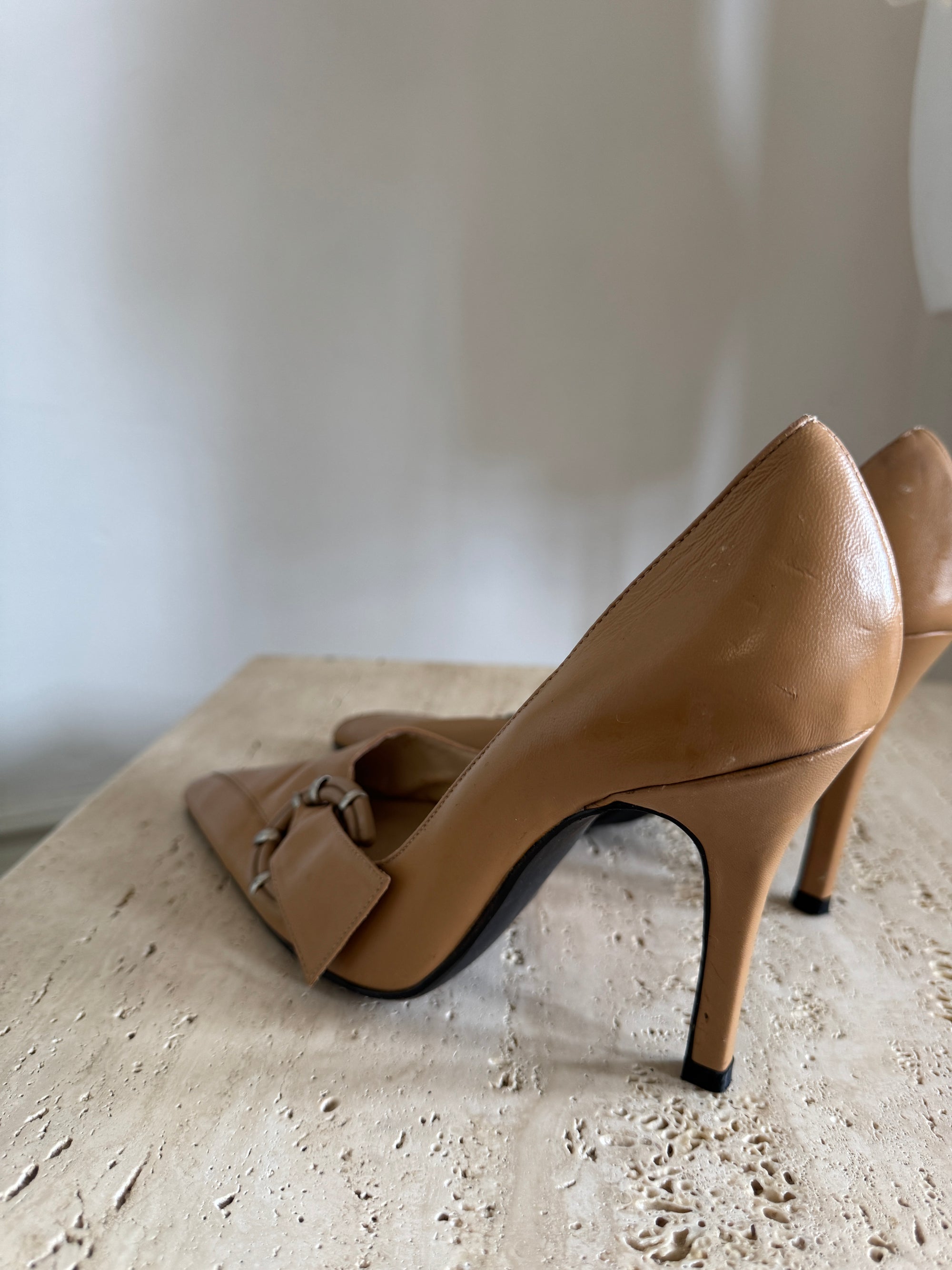 Vintage Y2K Tan Leather Buckle Stiletto Heels