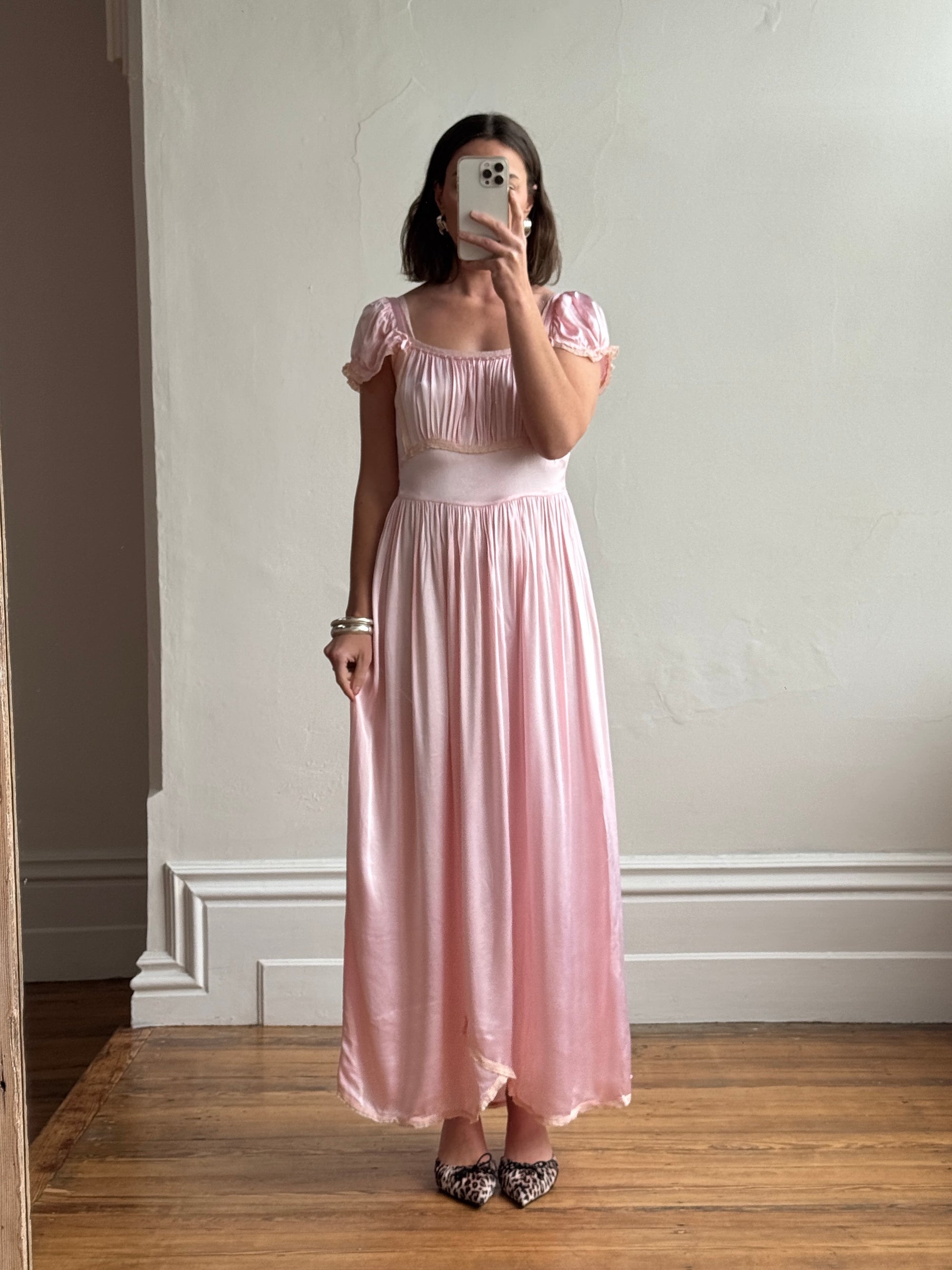Vintage 30s Baby Pink Liquid Satin Slip with Creme Lace Trim