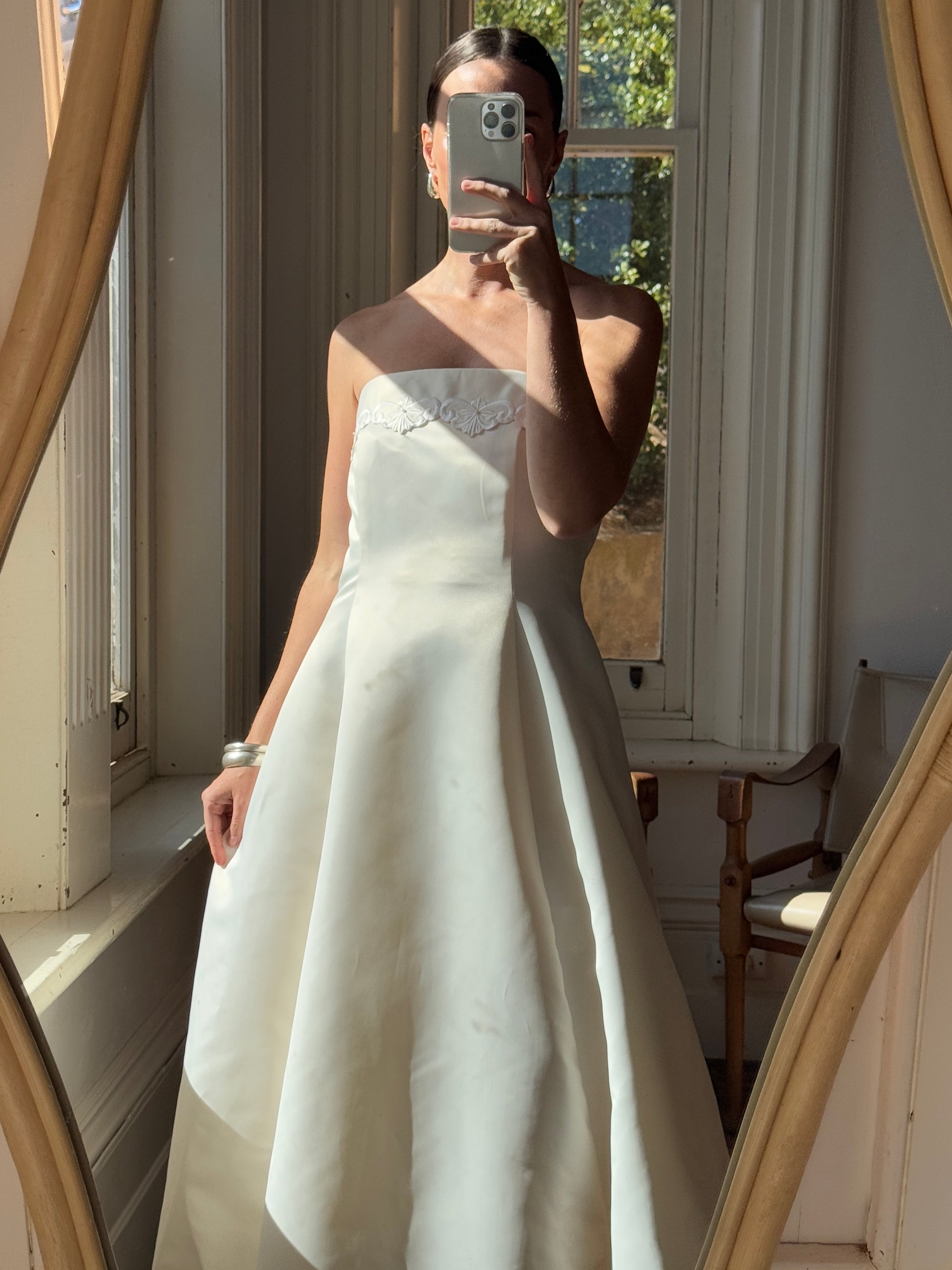 Vintage 90s Satin Strapless A-Line Wedding Dress With Train