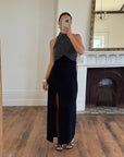 Vintage 70s High Neck Silver Lurex Evening Gown Noir