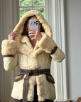 Vintage Y2K Italian Leather and Fur Belted Jacket with Hood