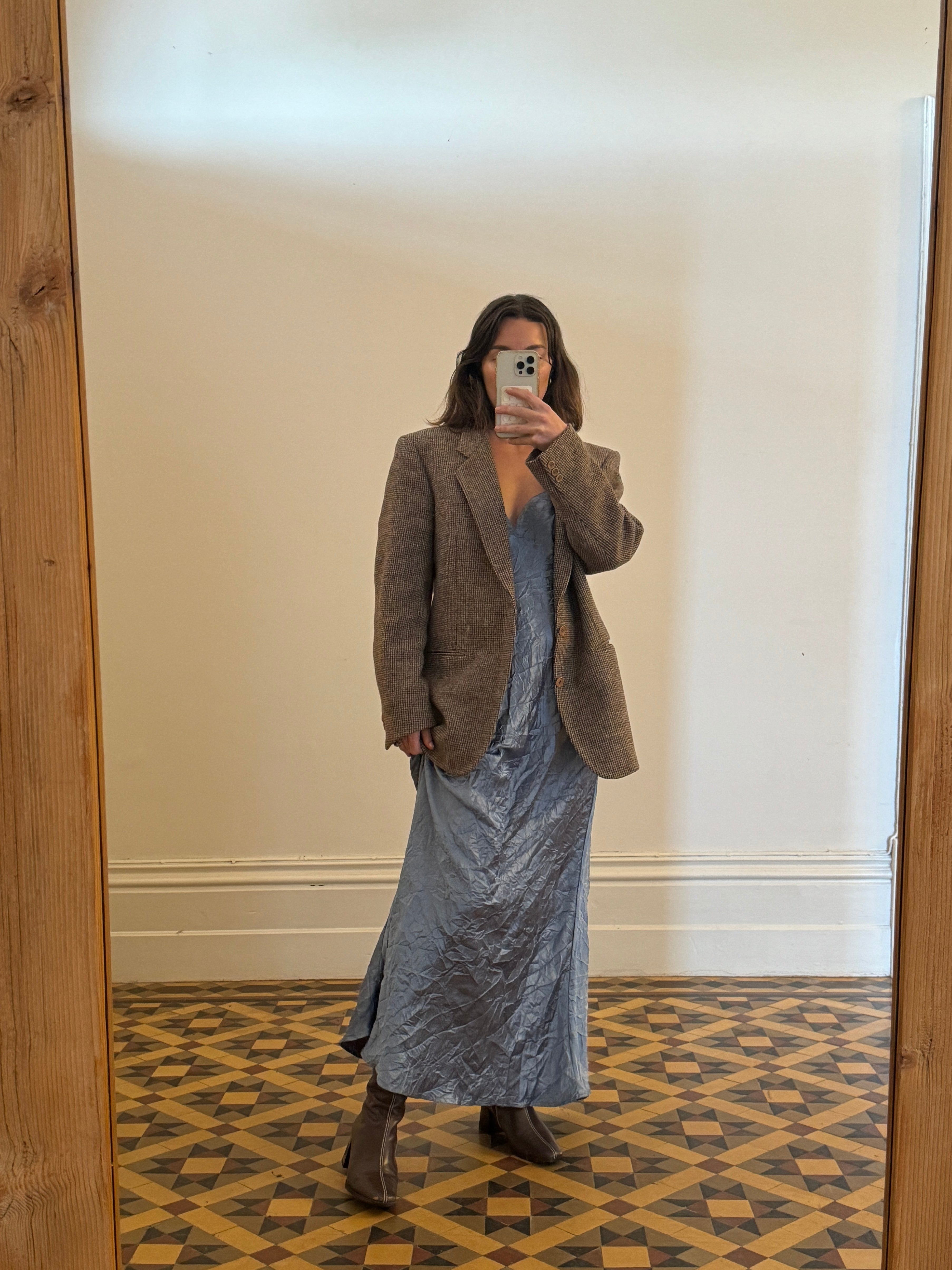 Vintage 90s Blue Crinkle Bias Slip Dress