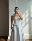 Vintage 90s Beaded Tassel Strapless Satin Wedding Gown