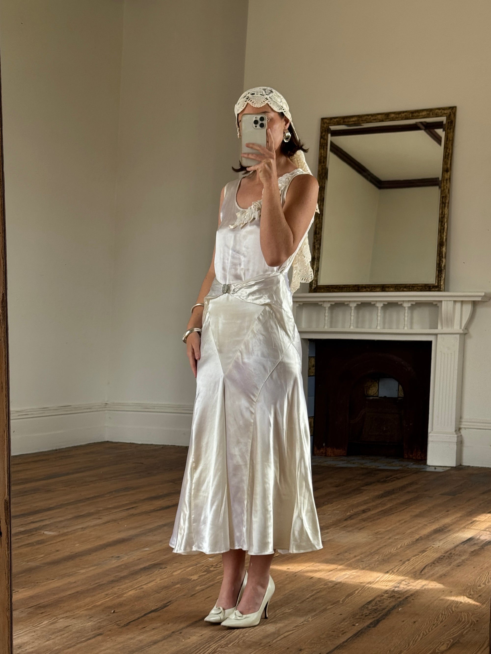 Vintage 30s Satin Bias Belted Bridal Midi