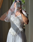 Vintage 80s 3D Floral Off Shoulder Bridal Gown and Veil