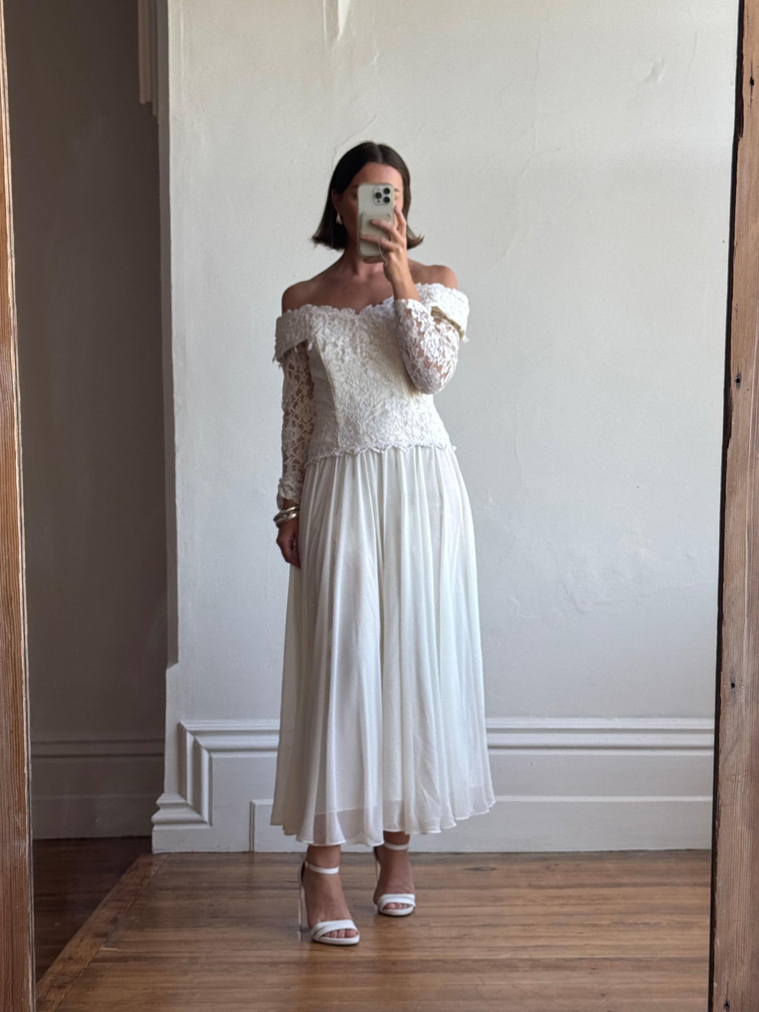 Vintage 90s Lace Off The Shoulder Chiffon Wedding Dress