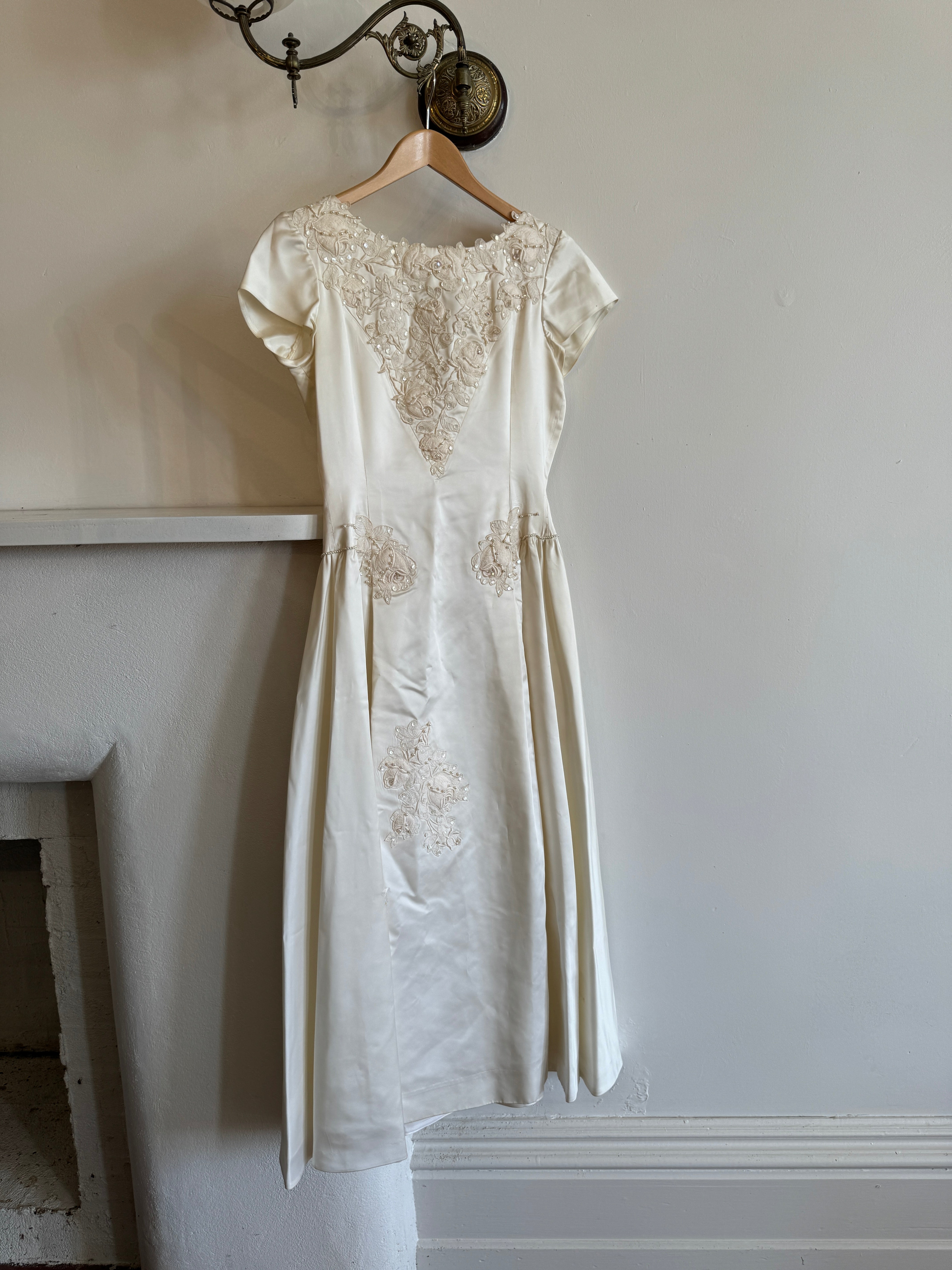 Vintage 30s Satin Wedding Dress with Applique Pearl and Lace