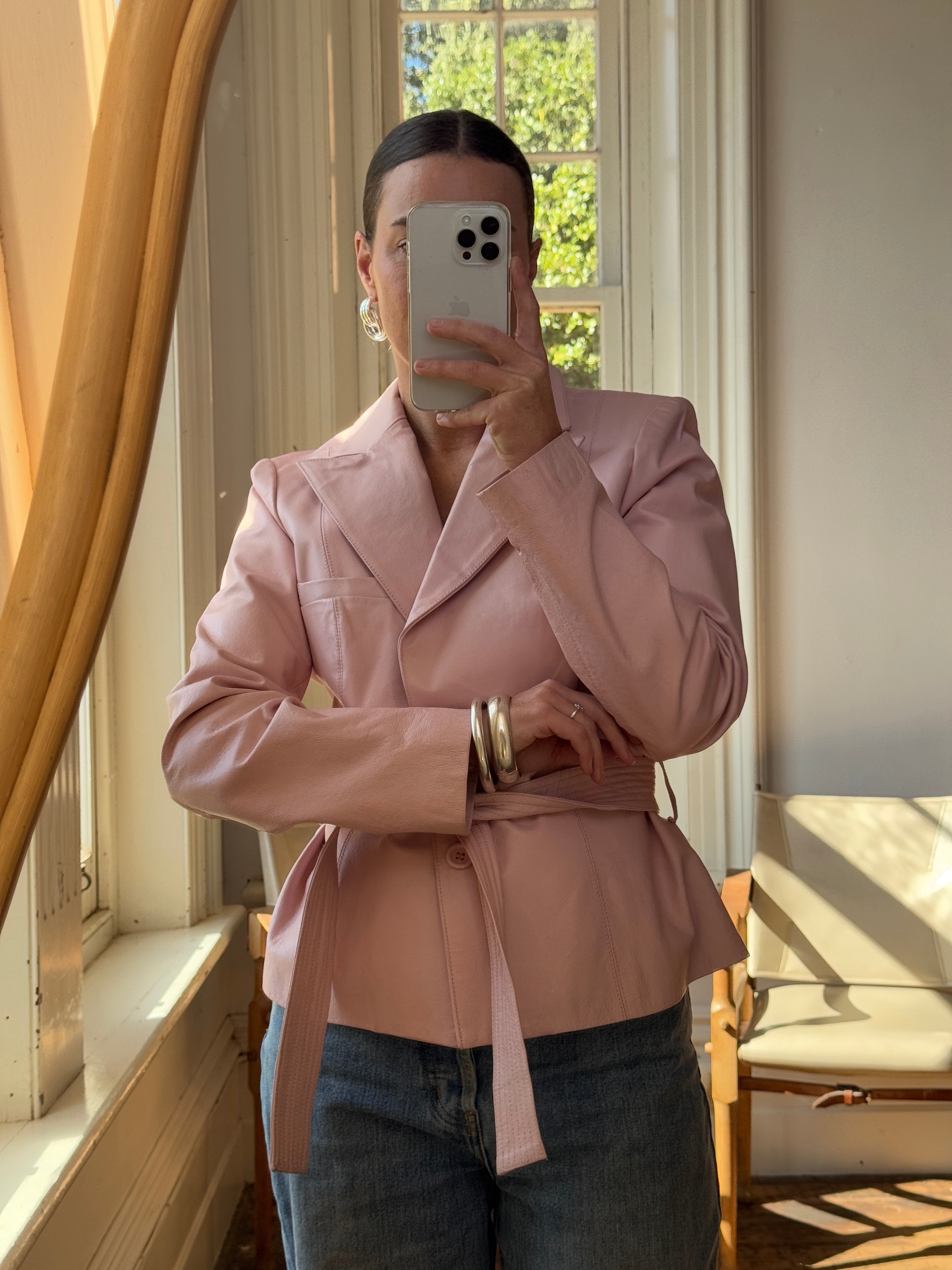 Vintage 90s Mini Trench Leather Jacket Baby Pink