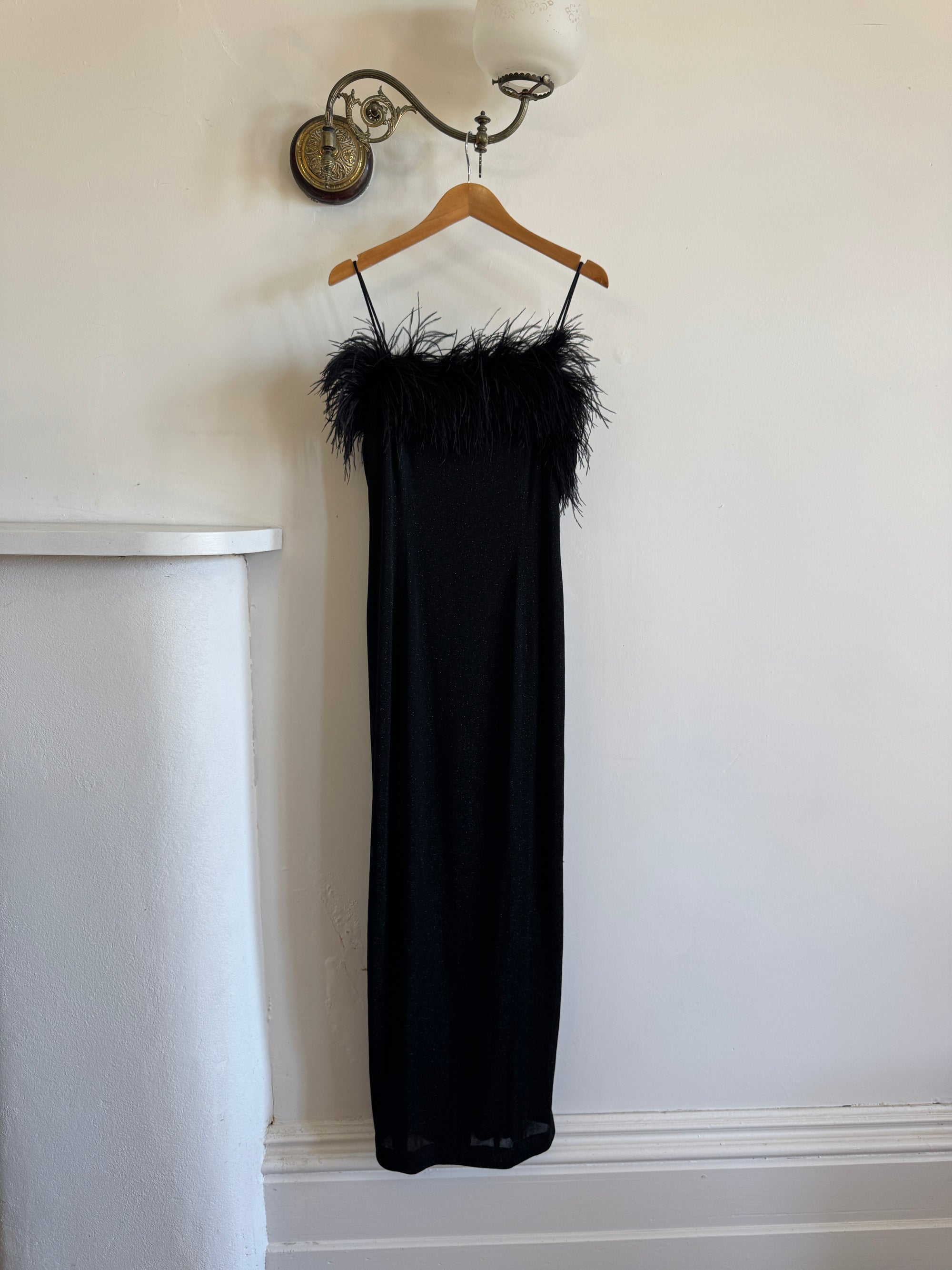 Vintage 90s Lurex Ostrich Feather Dress Noir