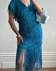 Vintage 80s Fringe Party Dress Ocean Blue