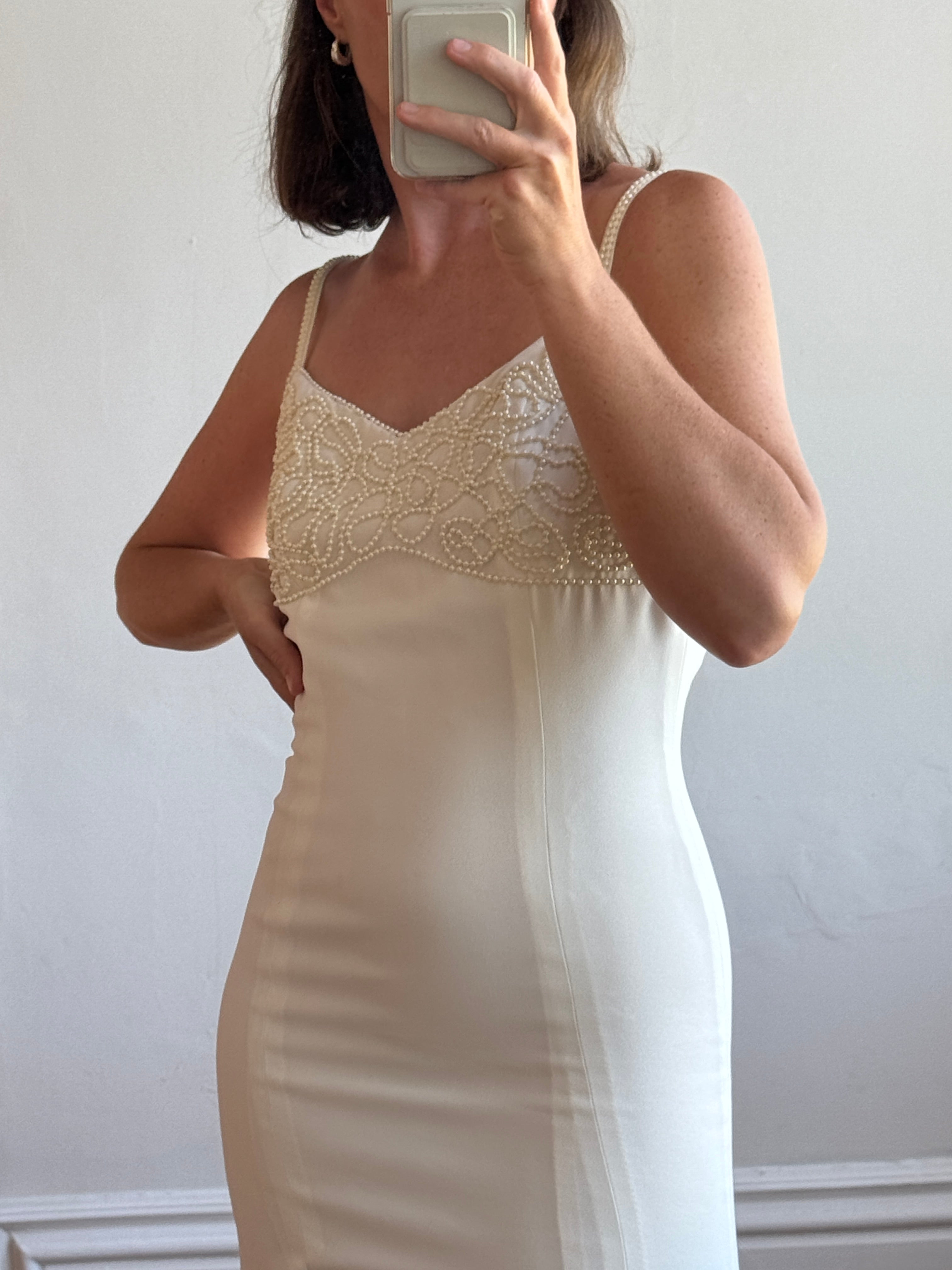 Vintage 90s Pearl Crepe Bridal Midi with Split