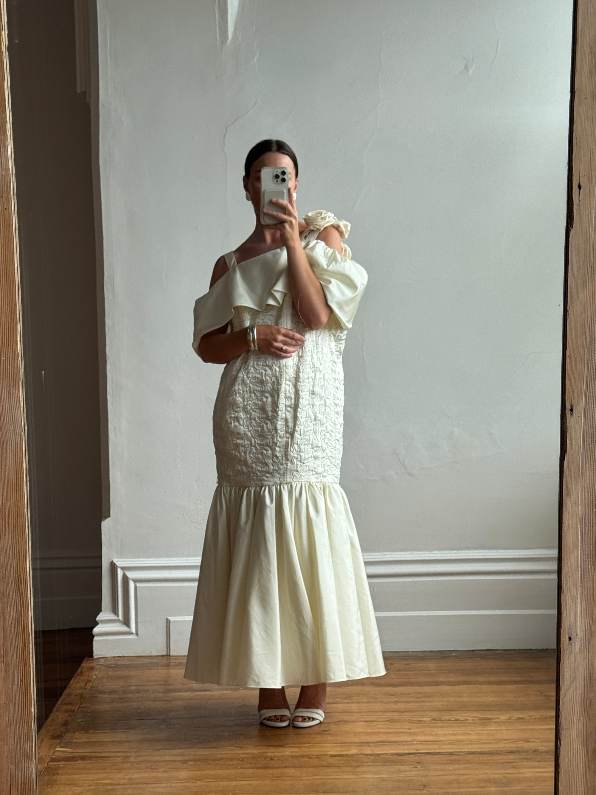 Vintage 80s Drop Waist Quilted Wedding Dress Creme