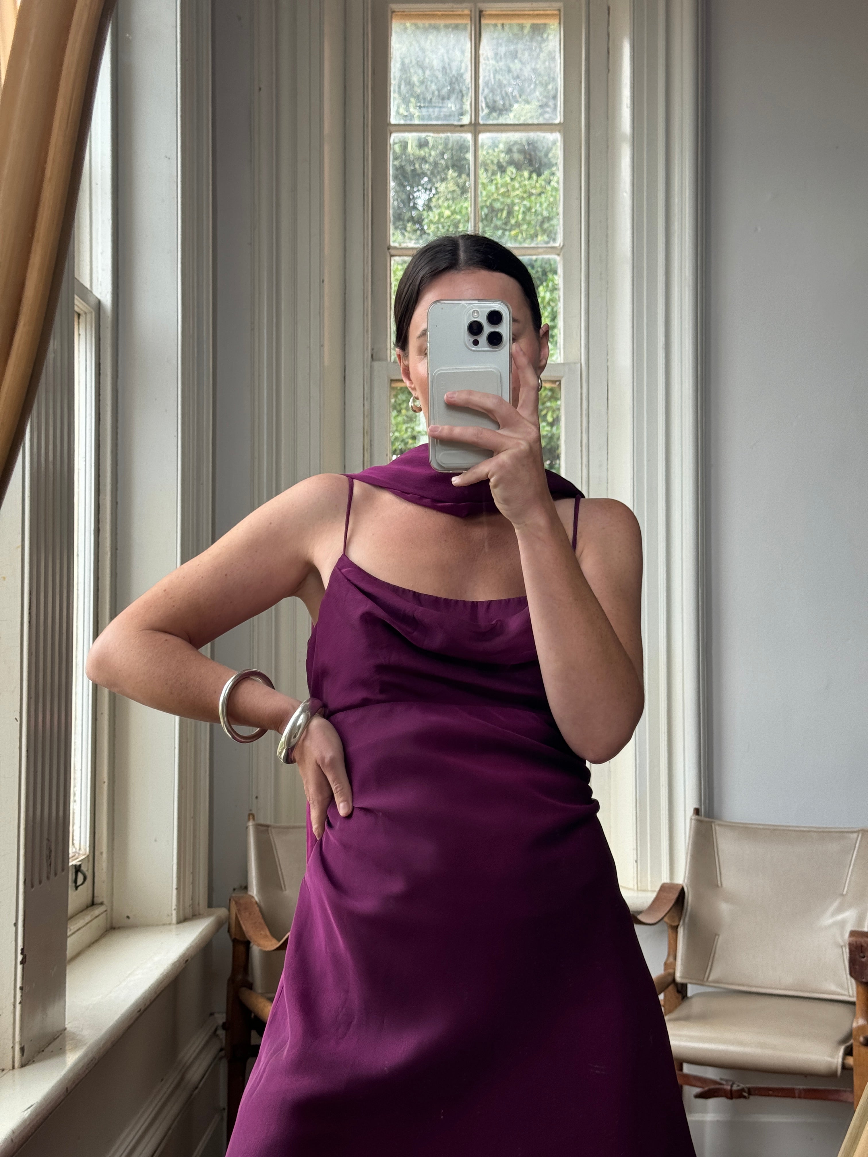 Vintage 90s Eggplant Cowl Neck Mini Dress With Scarf