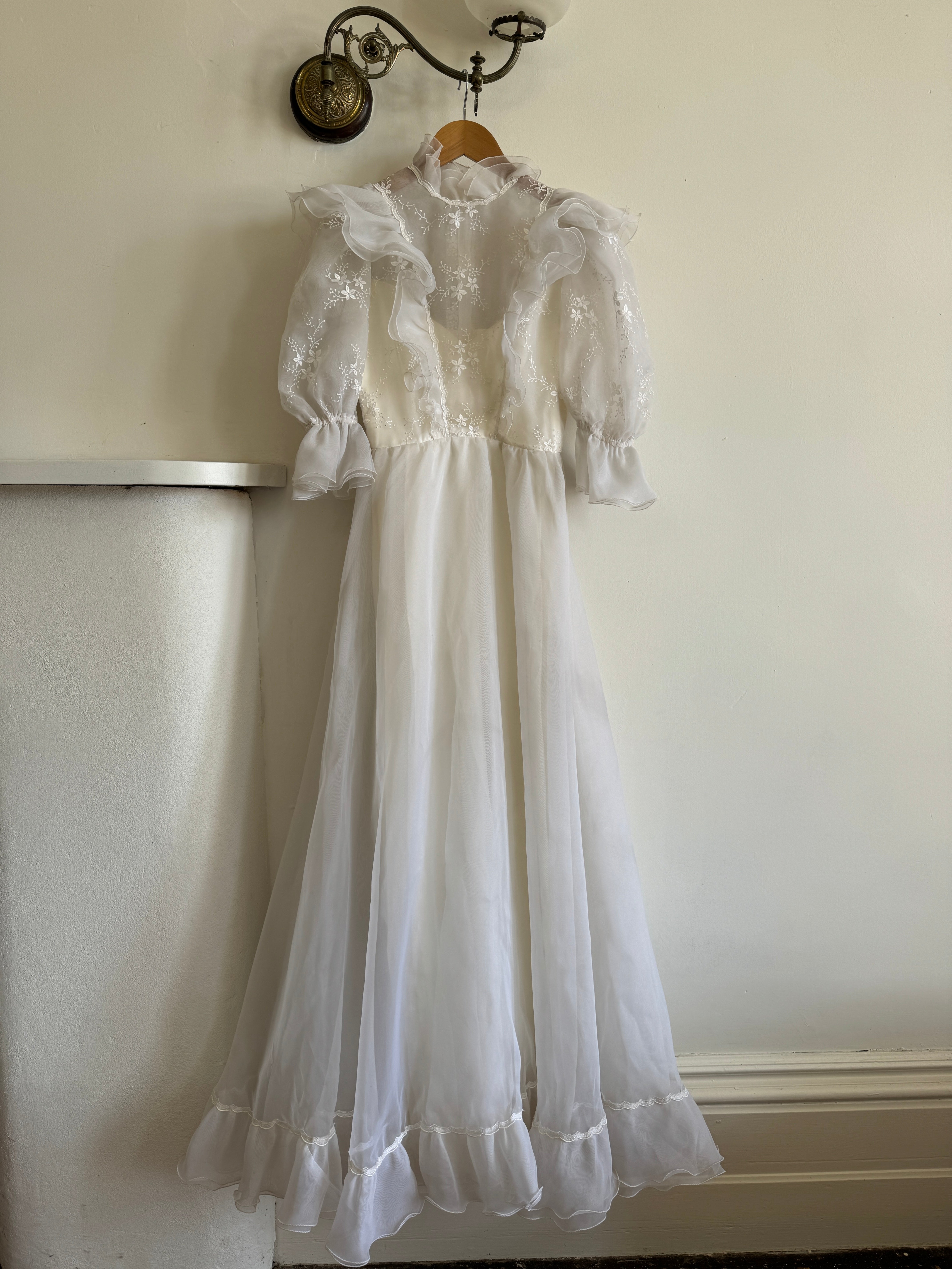 Vintage 80s Ruffled Sheer Organza Wedding Dress