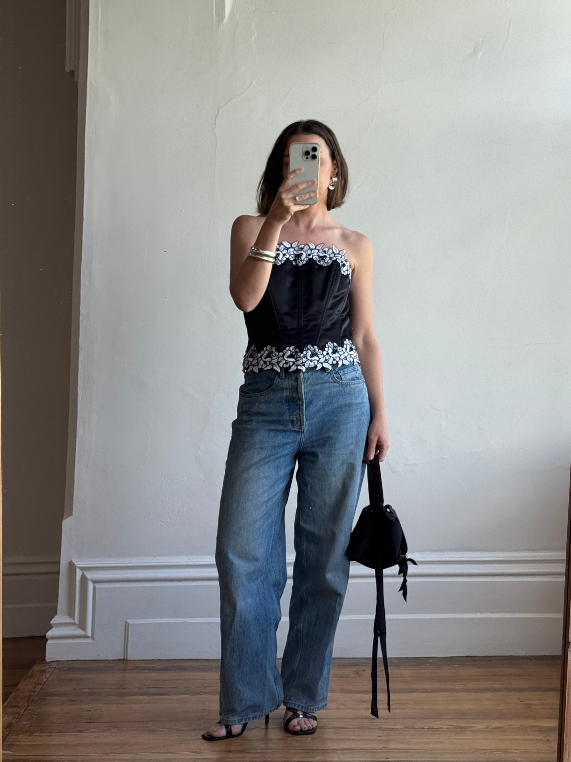 Vintage 90s Black Lace Up Corset with Contrast Flowers